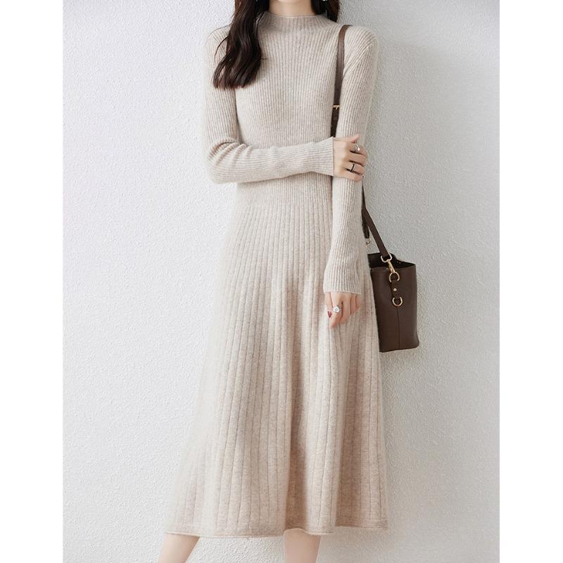 Semi-turtleneck Solid-color Sweater Skirt Femininity Elegant Style Slim-fitting Autumn and Winter Knee-length Bottoming Knitted Dress