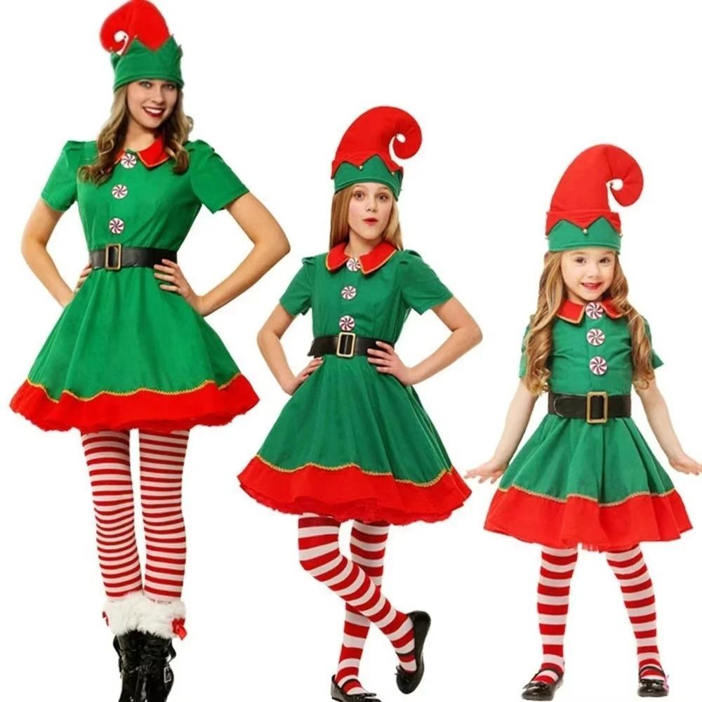 Non-Toxic Children Christmas Elf Costumes Santa Claus Suit Festival Adult Family Halloween Cosplay Sets Green Elves Clothes