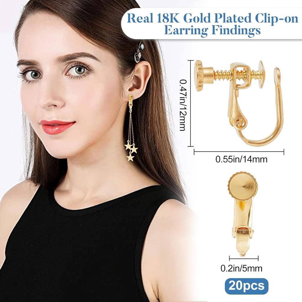 Beebeecraft 20Pcs/Box Clip-on Earring Findings 18K Gold Plated Brass Screw Back Ear Wire Non Pierced Earring Converter for Non-Pierced Earring