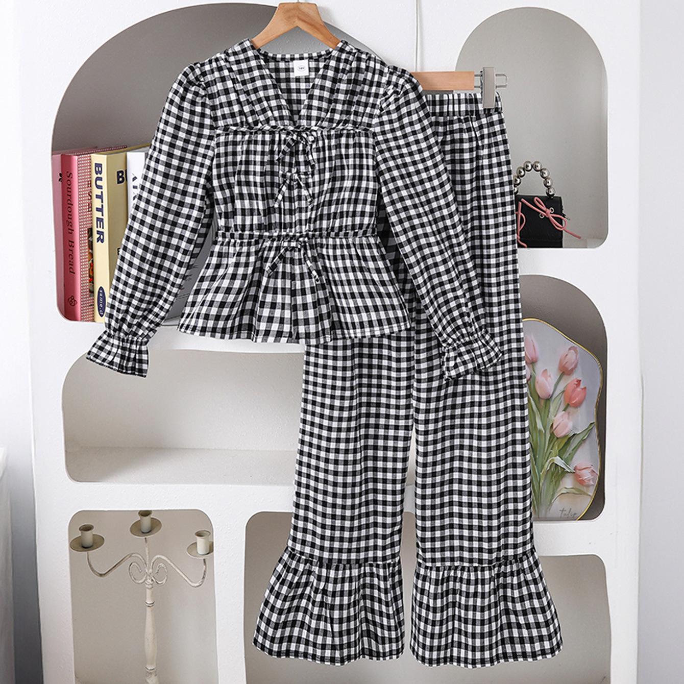 

Наряд для девочек Детская одежда Осень Новая Милый Художественный стиль Клетчатый Топ с длинным рукавом и кружевом Широкие брюки 12Y чёрный