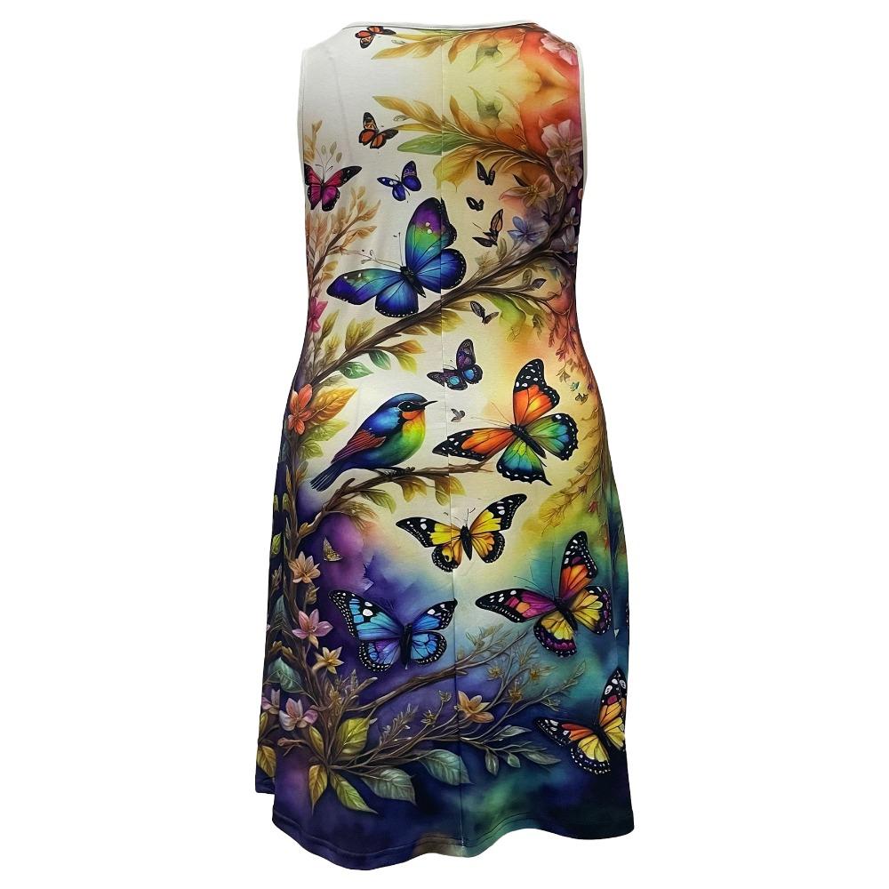 Plus Size Butterfly Print Tank DressCasual Crew Neck Sleeveless Dress For Spring & SummerWomen's Plus Size Clothing