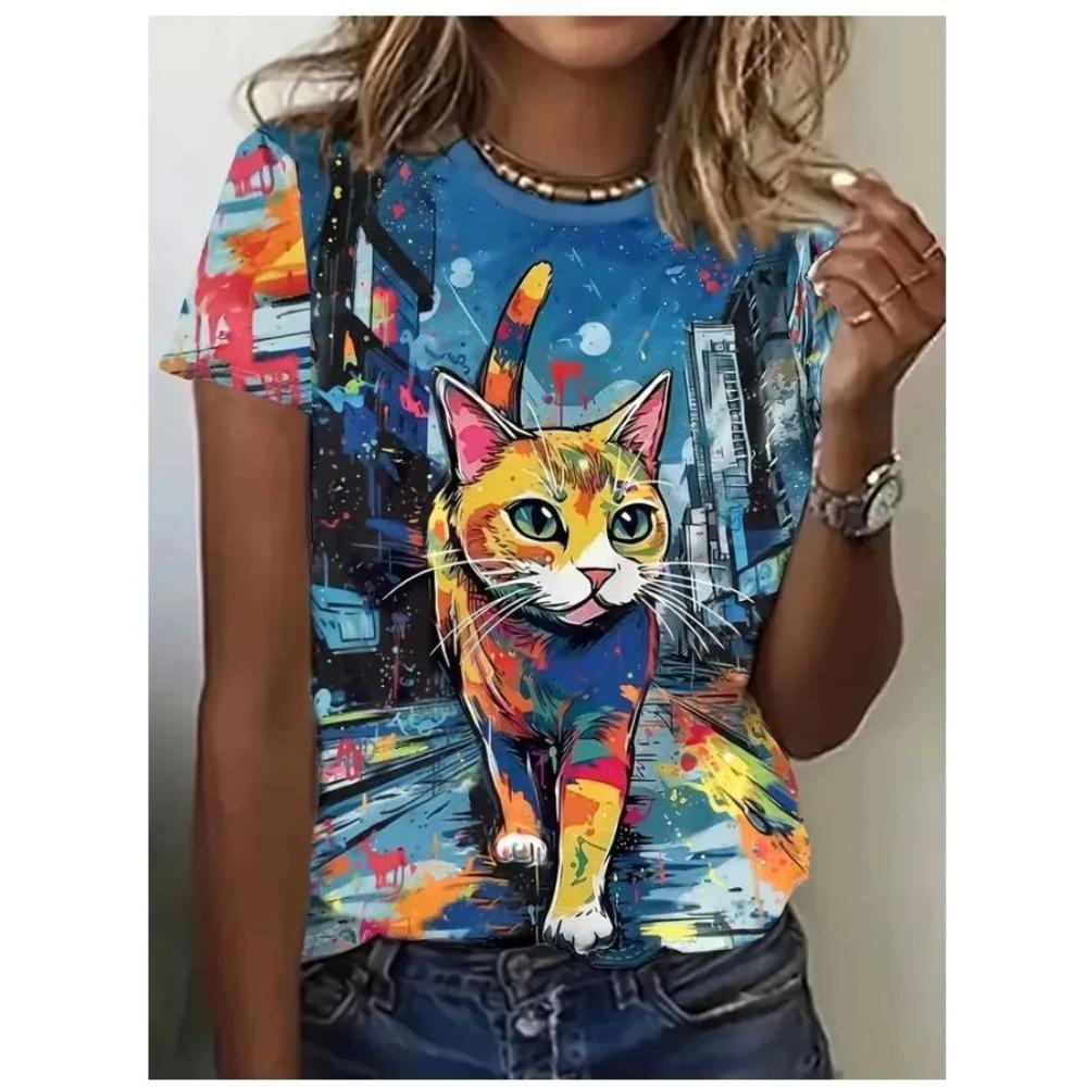 Summer Women's Fashionable Comfortable Round Neck Short Sleeved T-shirt Colorful Animals 3d Printing Casual Loose Breathable Soft Plus Size T-shirt