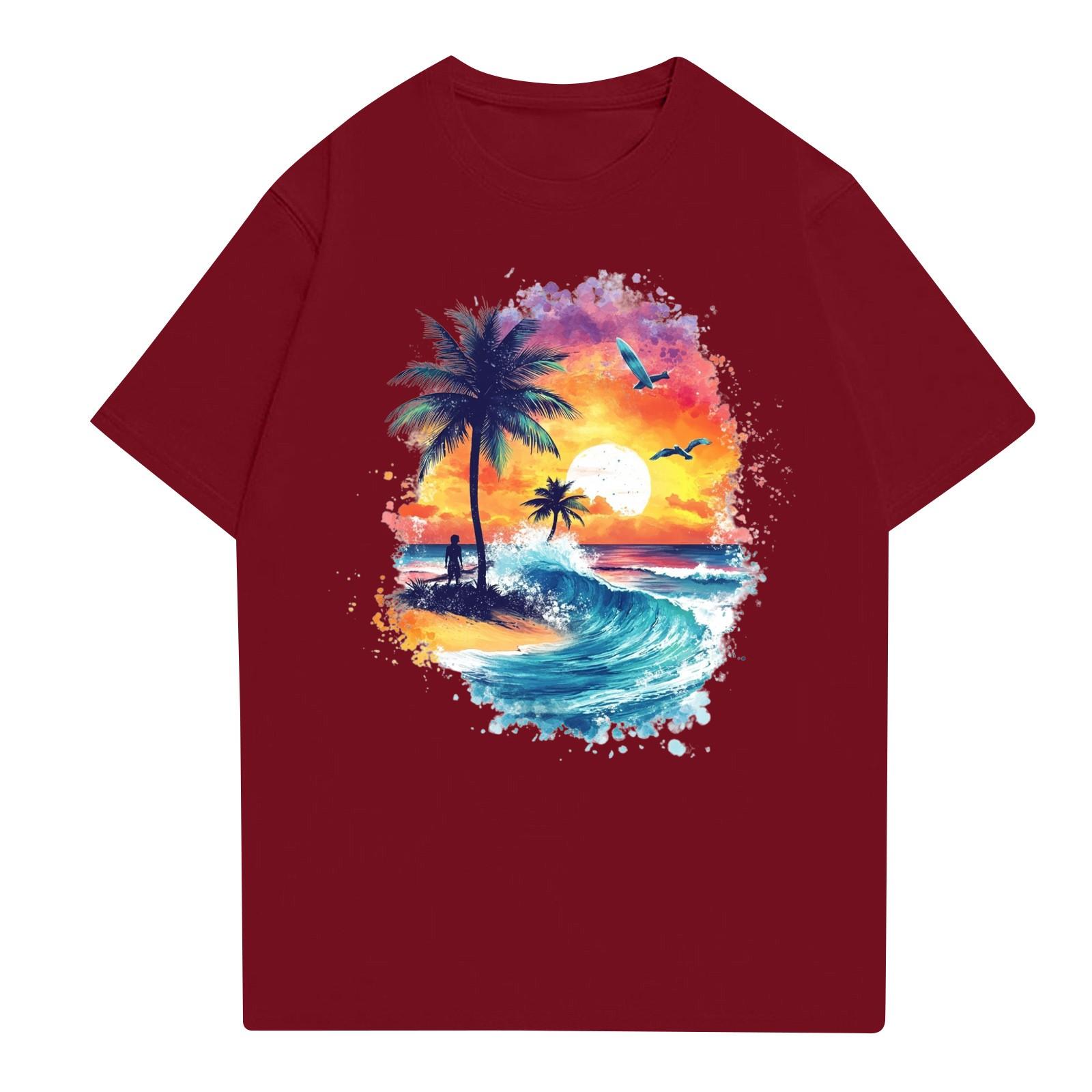 

Женская повседневная футболка с круглым вырезом и короткими рукавами с принтом M винный