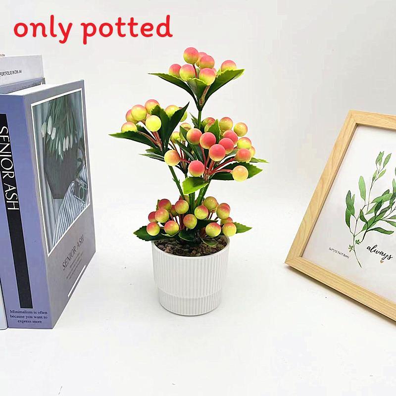 Potted Simulated Berry Plant Artificial Green Plant With Stone Decoration