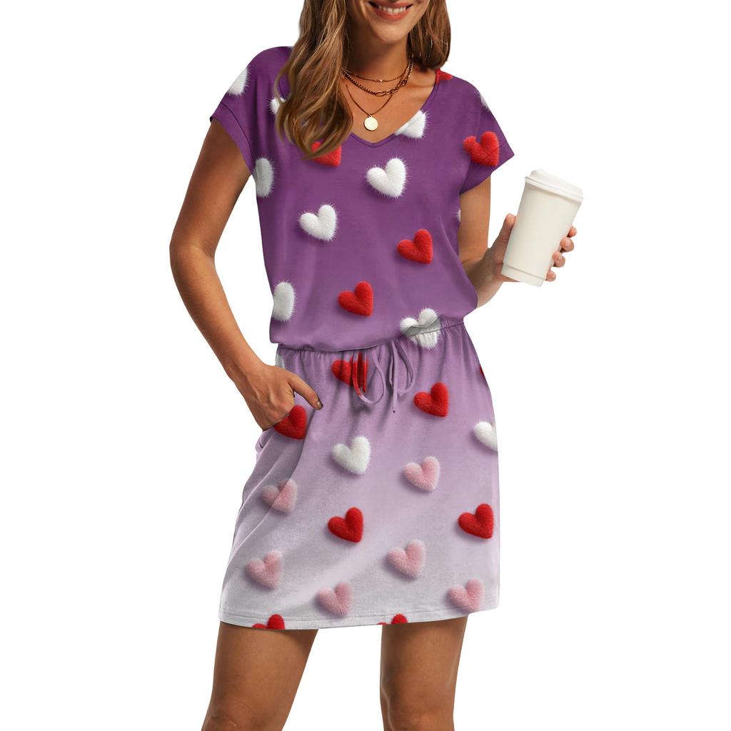 Women's V,Neck Short,Sleeve Drawstring Pocket Valentine's Day Print Casual Dress