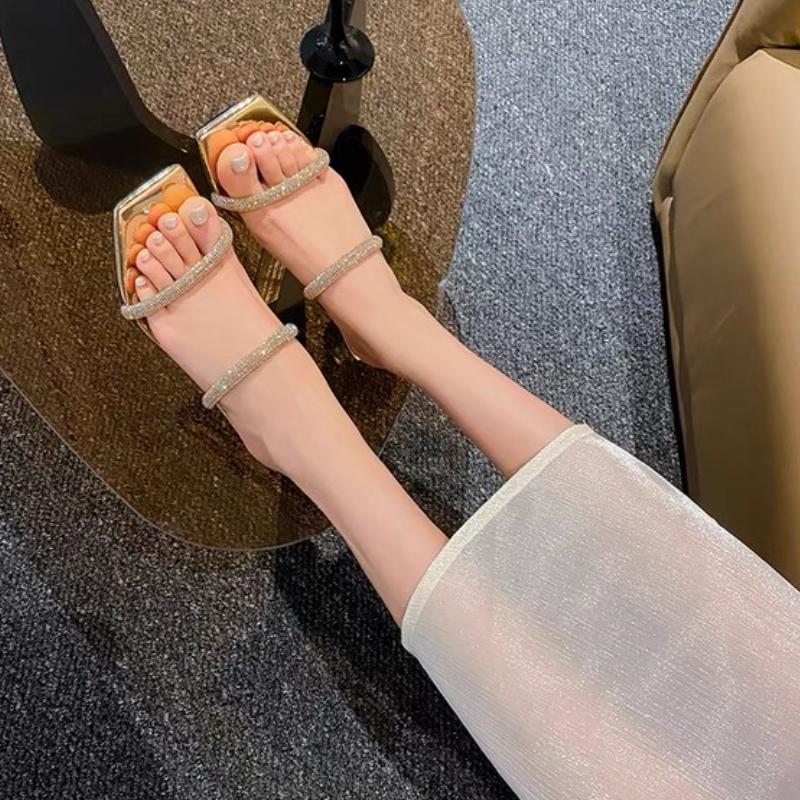 Fashion 2025 Open Toe Anti Slip Roman Sandals Summer New Rhinestone High Heels Sexy Stiletto Heels Square Toe Slippers Women