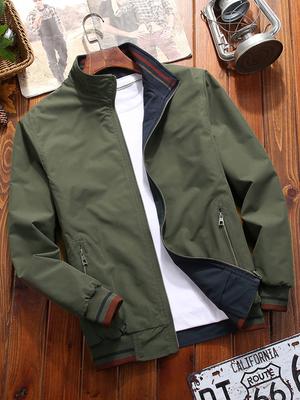 Men's Reversible Stand Collar Jacket - Sporty Casual Zip-Up Coat , Regular Fit for Spring/Fall Outdoor & Leisure Wear,  Pockets Versatile Outerwear