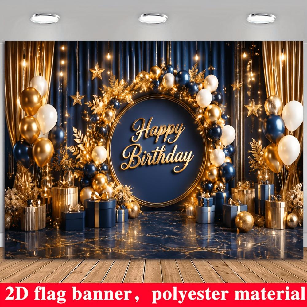 Un banner 2D con uno sfondo lussuoso a tema compleanno in blu e oro ed elementi dorati al centro.zyc
