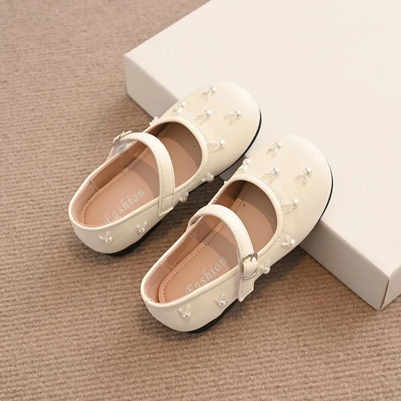 Children Flat Shoes with Sweet Rabbits Kids Princess Shoes Non-slip Soft Sole 2025 New Fashion Girls Leather Shoes Round Toes