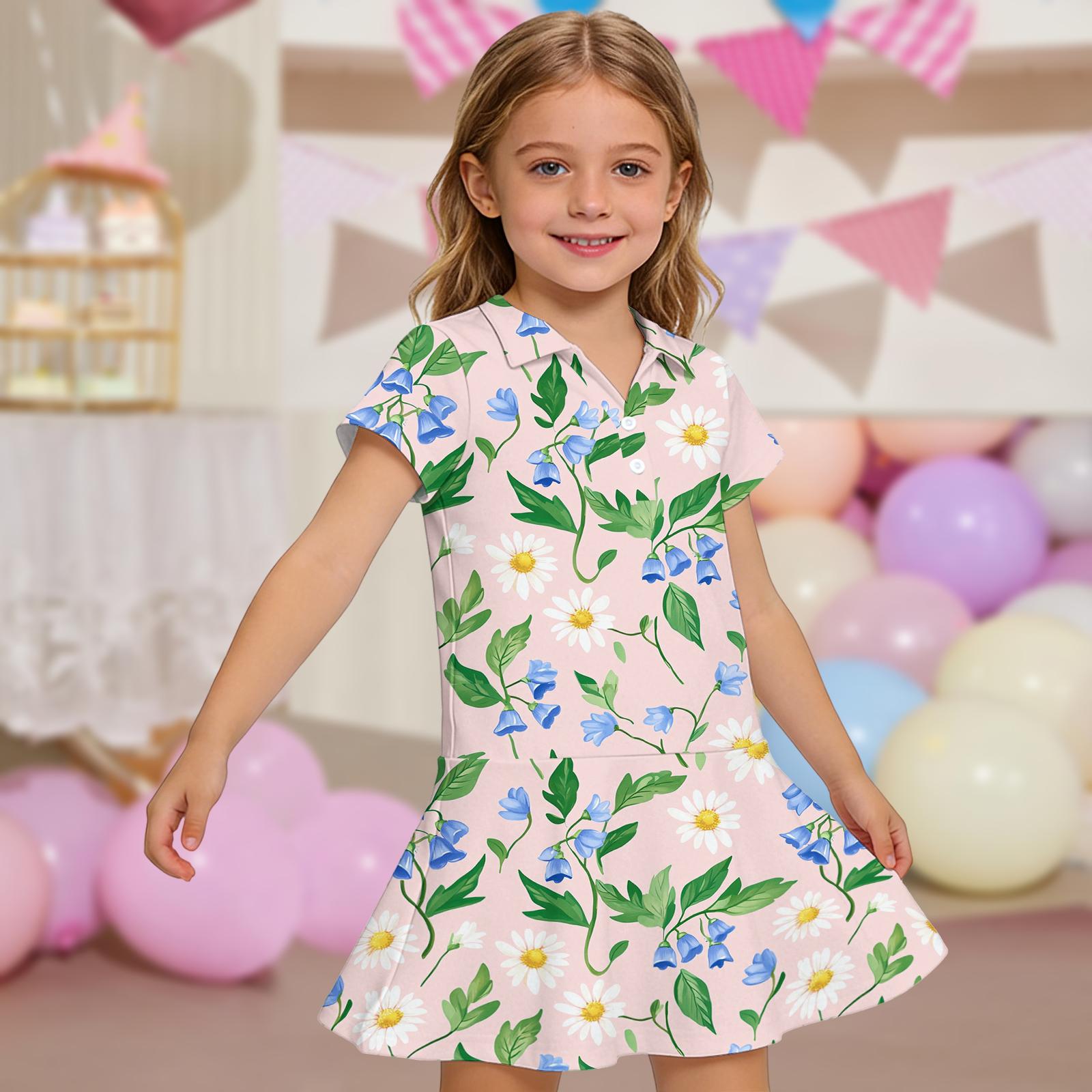 

Girls Short Sleeve Polo Dress Floral Print Casual Dress with Pockets Lightweight Comfortable Summer Dress for Kids 110 розовый