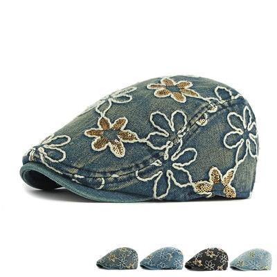 Denim Pailletten Blume Baskenmütze Damen Britisch Vintage Schirmmütze Bemalte Mütze