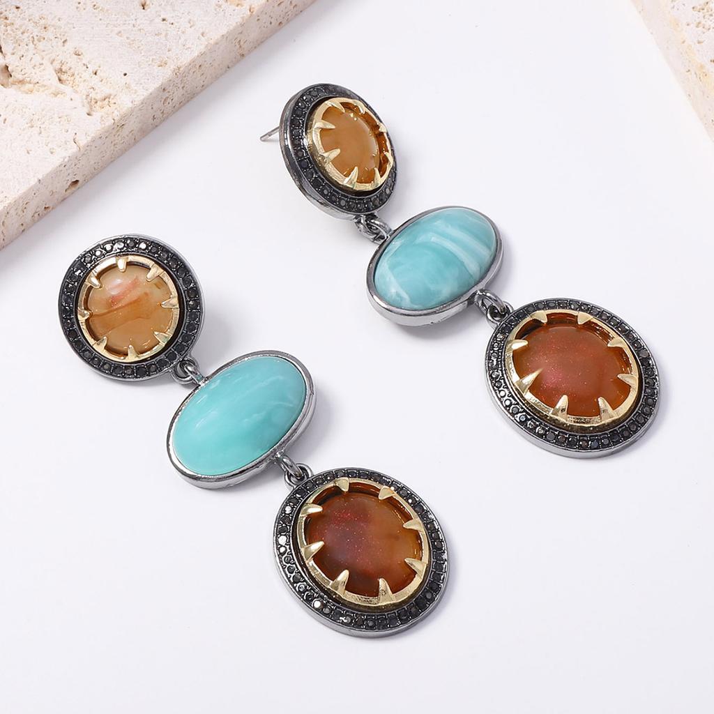Fashion Retro Three-layer Splicing Oval Resin Pendant Earrings, Old Black Gold Contrasting Color Flash Diamond Versatile Woman