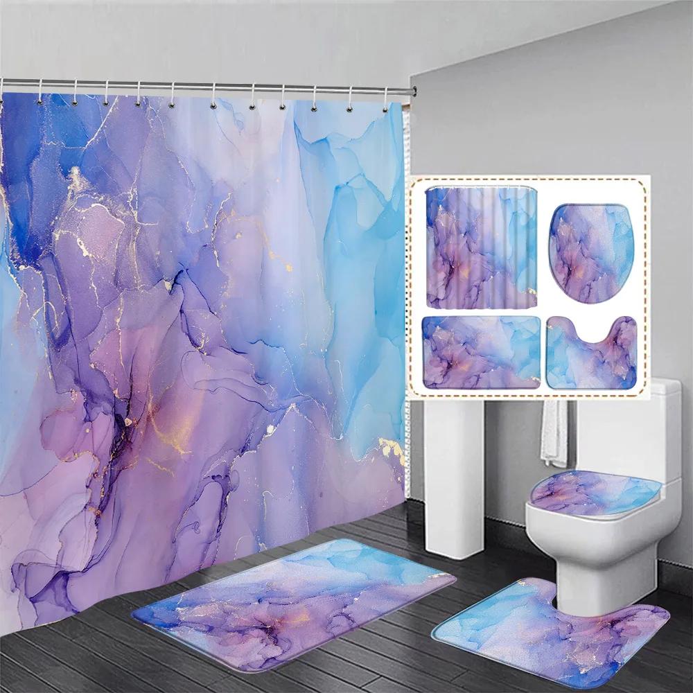 Marble Shower Curtain Set Creative Watercolor Ink Art Geometric Modern Bathroom Decor Floor Rug Bath Mats Toilet Lid Cover