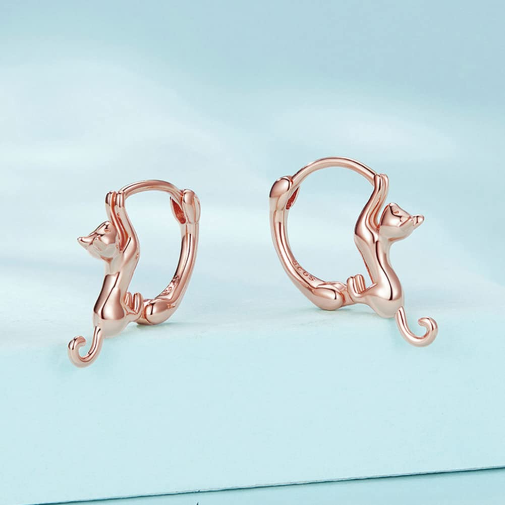 Rockyu Ohrringe für Niedliche Katze Tier Katze 925 Neue Mode Accessoires Breite Damen, Creolen, Ohrringe, Motiv, Ring, Schwingend, Silber, Hypoallergen,