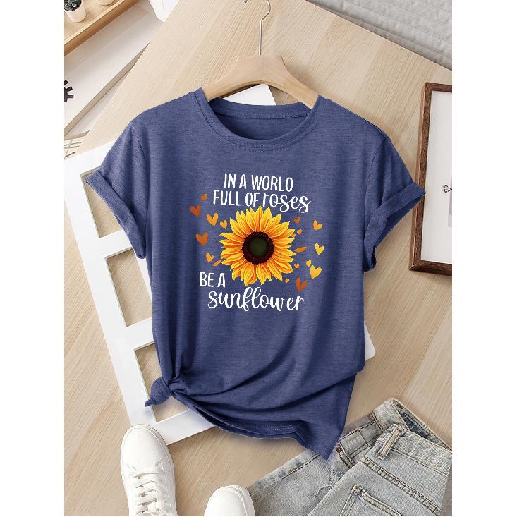 Women's European and American Summer Short-sleeve Shirt with Contrasting Colors and a Simple, Unique Sunflower Print Surrounded by a Heart