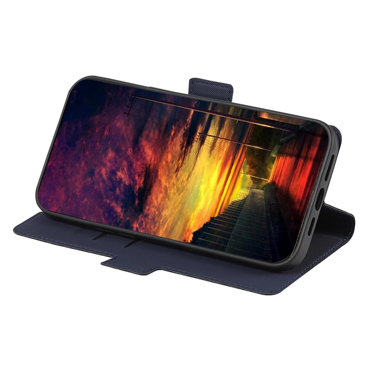 

For Samsung Galaxy S23+ Twill Texture PU Leather Flip Stand Cover Card Slots Design Secure Double Magnetic Clasp Phone Case Blue