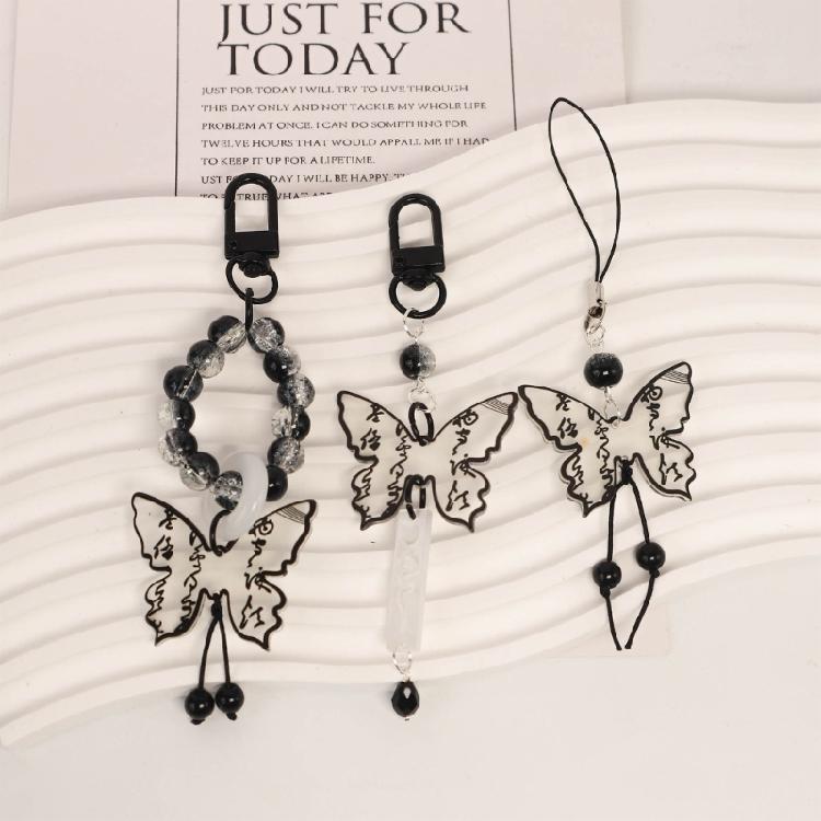 Black Butterfly Bead Pendant Phone Charm Straps Y2K Lanyard Purse Accessories