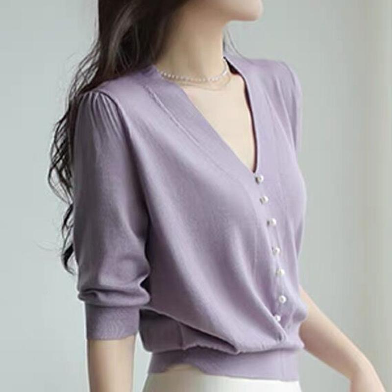 

2024 Летняя мода Новый короткий рукав вязаный женский свитер V-образный вырез черные вязаные свитера пуловеры женские топы JJ49 One Size фиолетовый