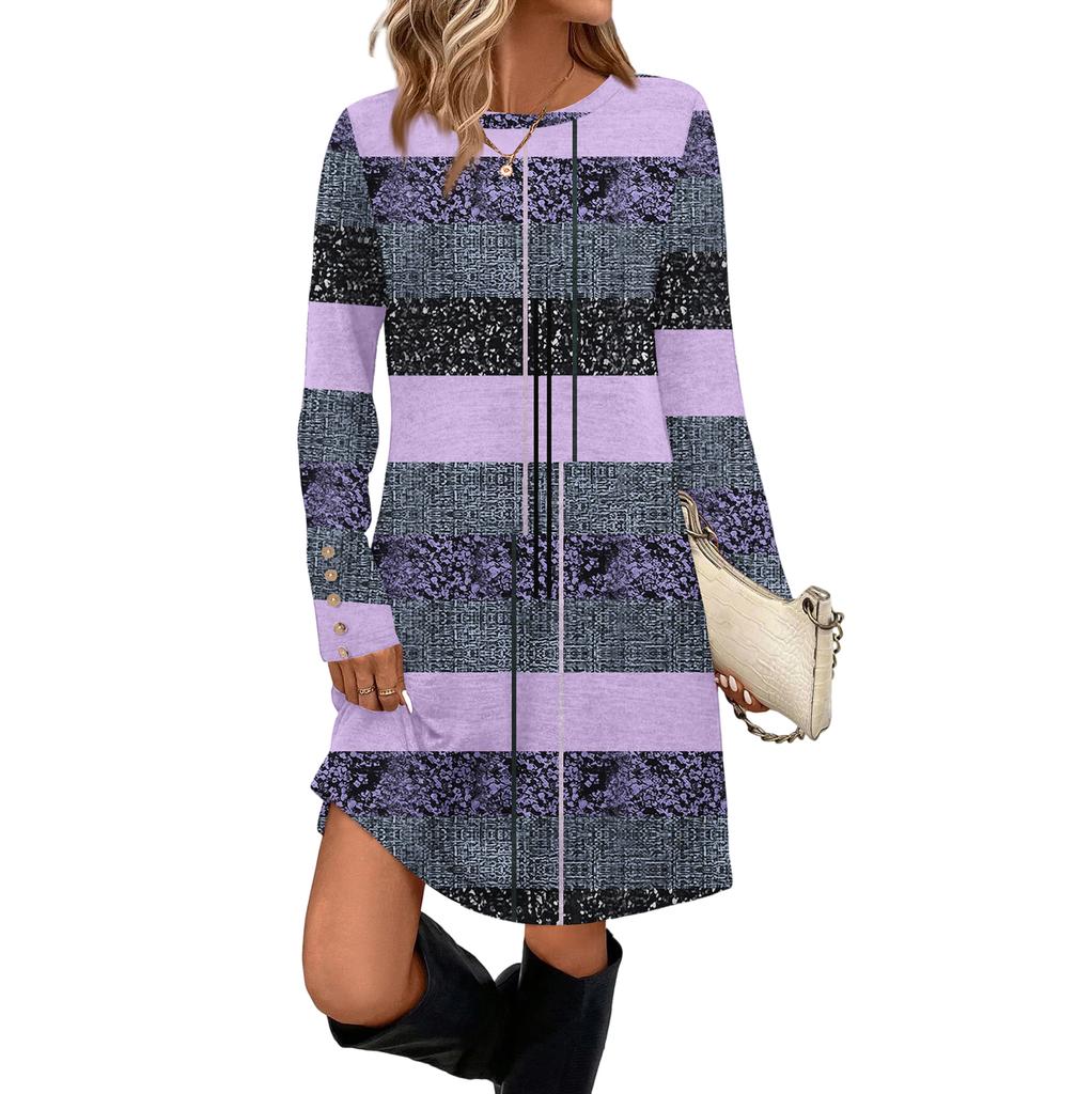 Rochie Casual de Damă la Modă Cu Buzunar, Nasturi Decorativi, Gât Rotund și Mâneci Lungi