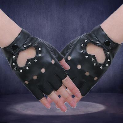 Women Heart Cutout Rhinestone Fingerless Gloves, Punk Faux Leather Half Finger Gloves for Dancing, Cosplay, Biking, Party, Performance