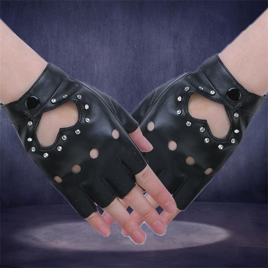 

Women Heart Cutout Rhinestone Fingerless Gloves, Punk Faux Leather Half Finger Gloves for Dancing, Cosplay, Biking, Party, Performance L чёрный