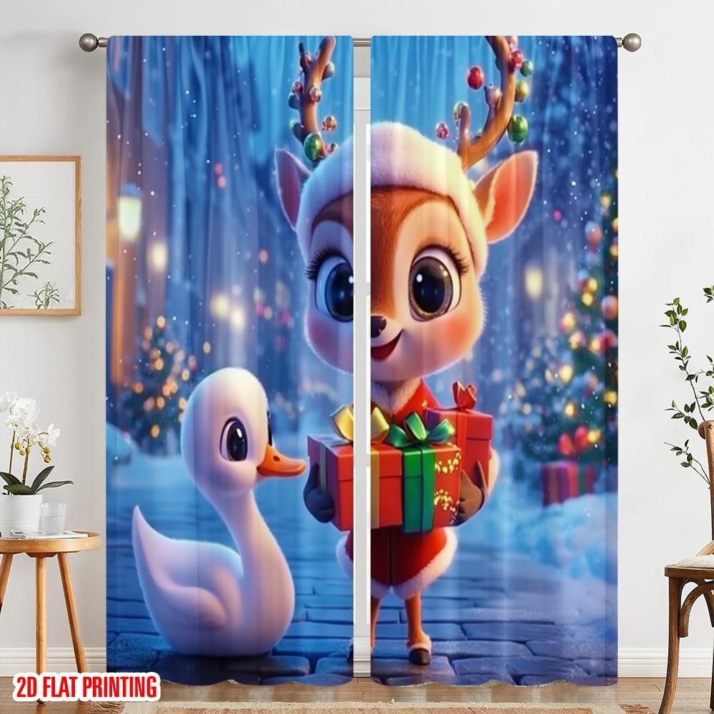 2pcs,2D Plane Printing Curtains Cute Deer Christmas Gift Present (3) Polyester Easy Install (without Rod) All Seasons Ldeal for