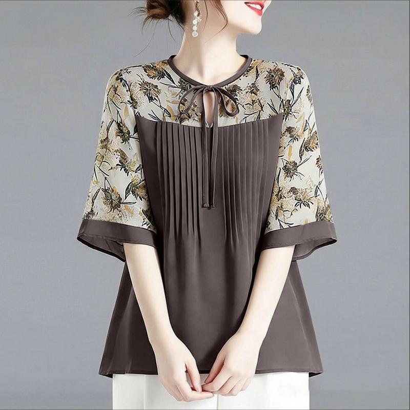 ZANZEA Women Casual Round Neck Print Splice Loose Half Sleeve Blouse