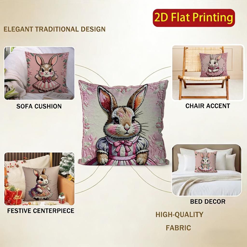 2D Cute Rabbit-Patterned Decorative Cushion Covers Pattern Cushion Cover Suitable For Sofa Bedroom Car Pillow Cover