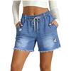 Pantaloncini di Jeans Casual da Donna con Coulisse in Vita Elastico Bordo Sfilacciato Usurato e Tasche per l'Uso Quotidiano
