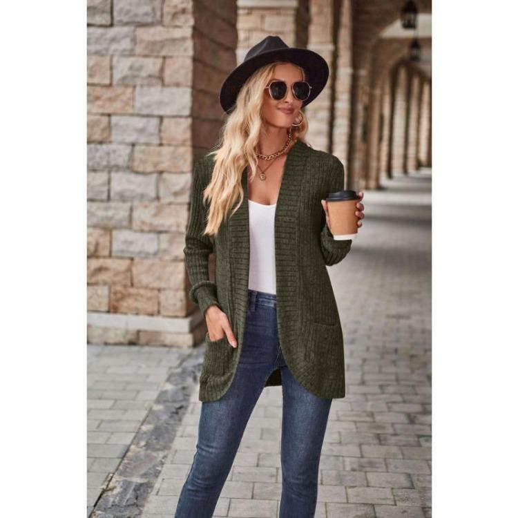 Women's Versatile Long Sleeve Cardigan Solid Color Pocket Spring Fall Clothing