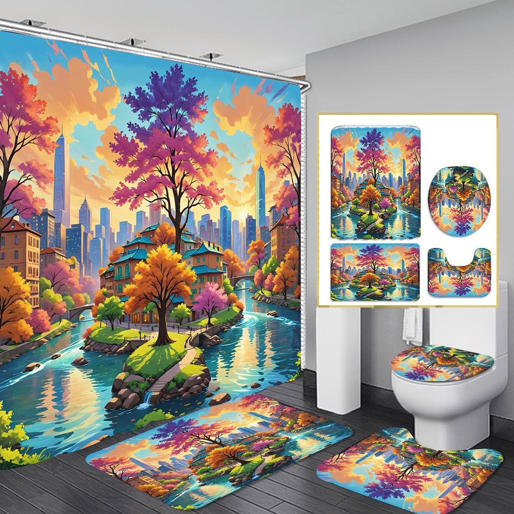 Christmas Shower Curtain Four-Piece Non-Punching Partition Curtain Digital Printing Bathroom Decoration Curtain