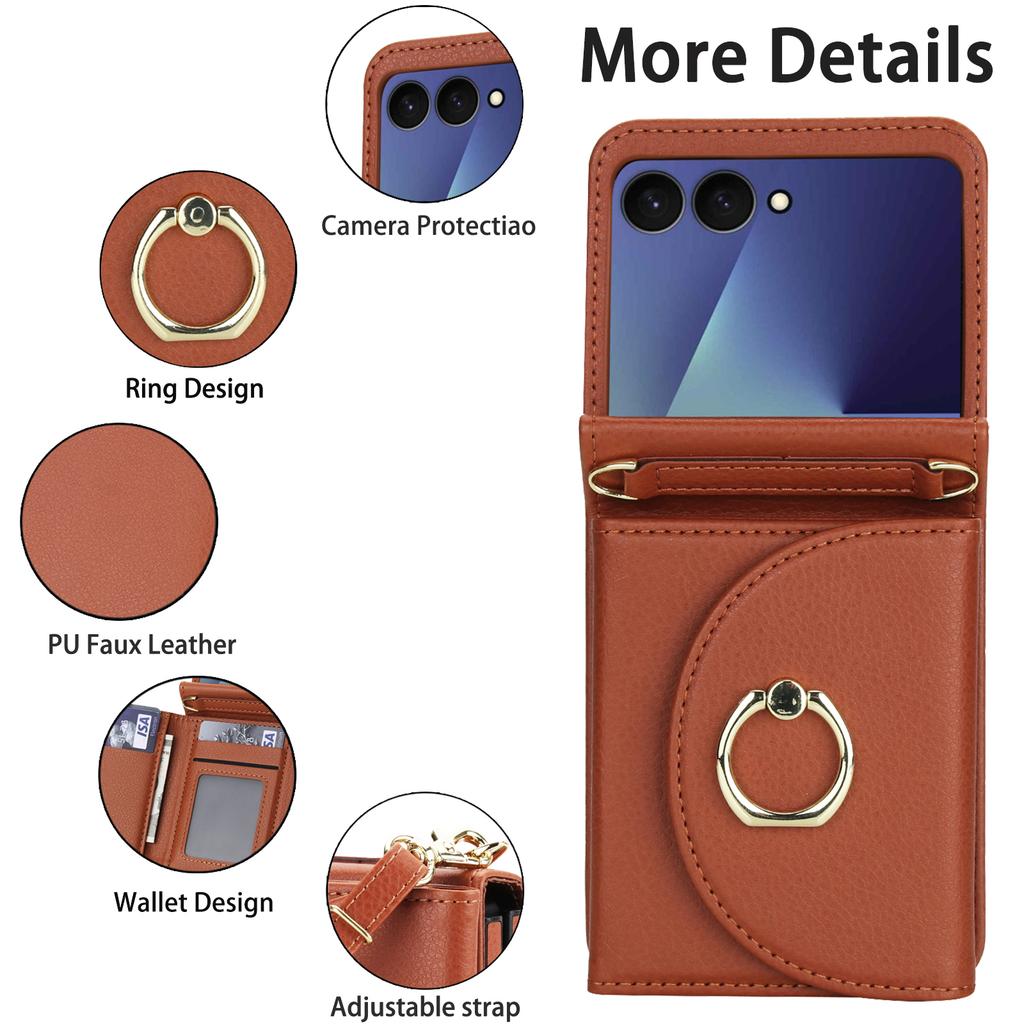 Crossbody Ring Holder Cards Solt Wallet Flip Leather Phone Case For Samsung Galaxy Z Flip 7 6 5 4 3 7FE Adjustable Strap Cover