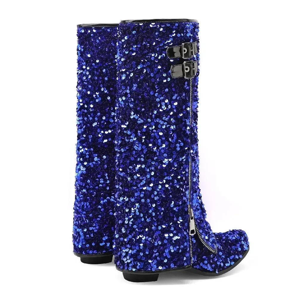 Módní dámské kozačky do půli lýtka s ohrnutým lemem, růžová látka se třpytkami, fialové vysoké blokové podpatky, zimní zateplené, kulatá špička, zip, kozačky nad půlku kalhot