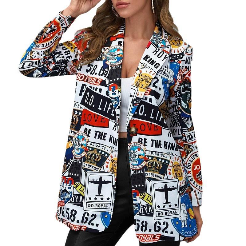 European & American Women's Mid-Length Printed Casual Blazer - Spring/Autumn 2024 Fashion