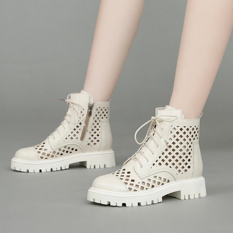 Leather hollow Martin boots women's sandals 2025 summer new women's shoes popular short boots breathable mesh hole shoes