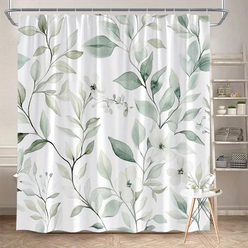 

1 Polyester seamless botanical pattern shower curtain, delicate leaves and soft pink flowers, machine washable, with hooks 90x180cm