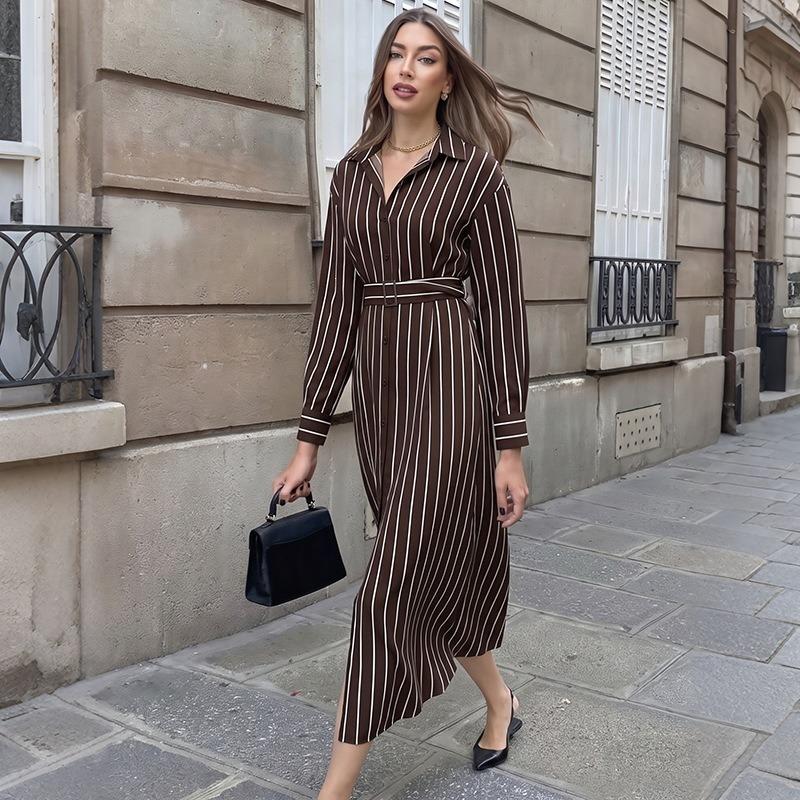 Autumn New Striped Dress Temperament Commuter Shirt Long Dress, Hot-selling Simple Long Dress