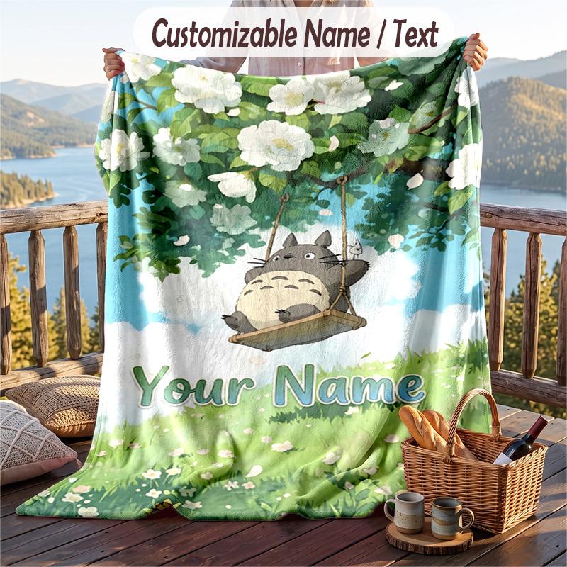 Custom Text Flannel Throw Blanket, Lightweight Cozy Bed Sofa BlanketMy Neighbor Totoro