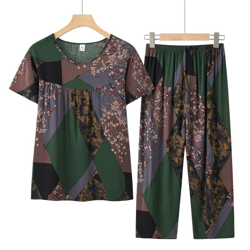 Women Loose Fit Suit Flower Printed Women's Top Pants Set with Retro Style Elastic Waist Breathable Fabric 2 for Grandmother's