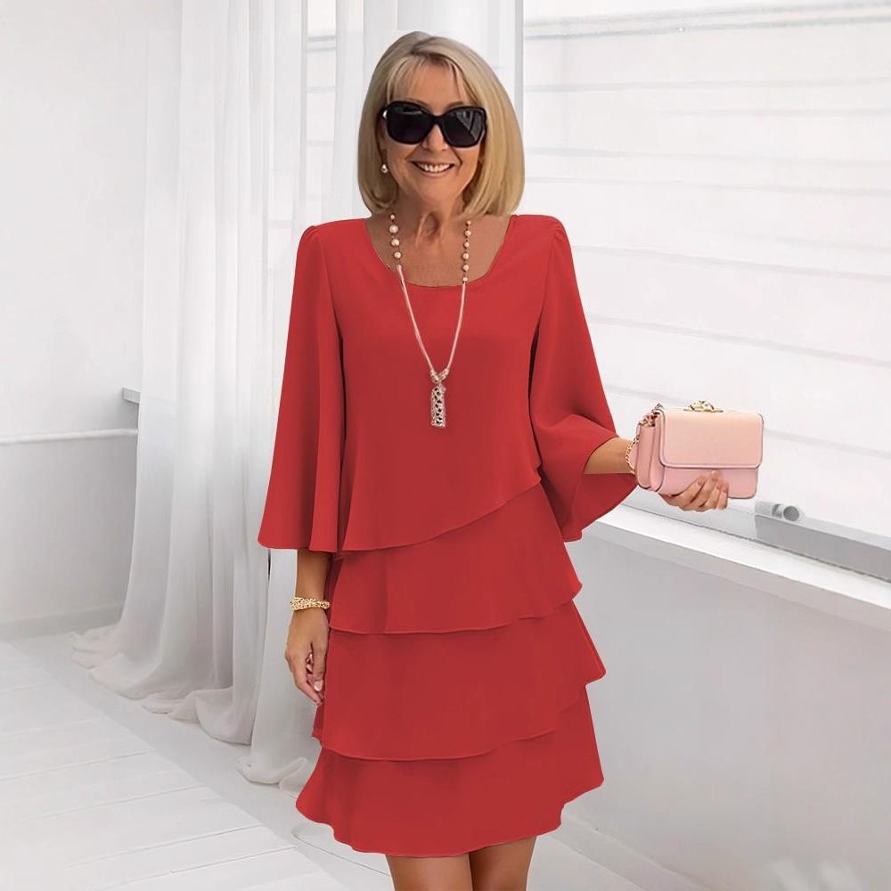 Casual Ruffles Midi Dress Women Summer Fashion Solid Color O-neck Dresses Elegant