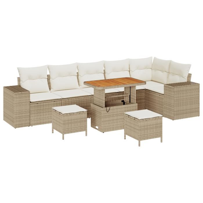 Ensemble de Canapé de Jardin 9 Pièces avec Coussins Beige Poly Rattan Acacia, Ensemble de Salle à Manger de Jardin 3 Pièces 3363976