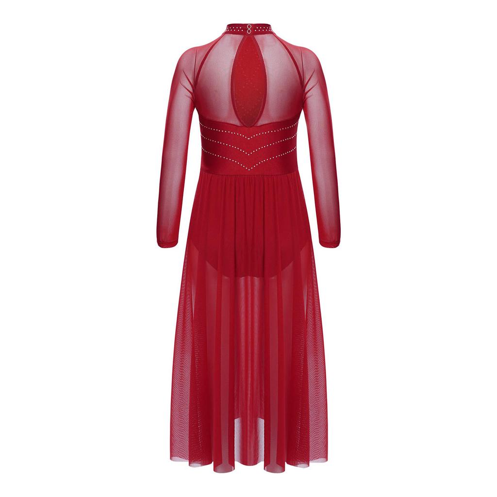 Girls Lyrical Dance Dress Shiny Rhinestones Sheer Mesh Patchwork Keyhole Back Long Sleeve Leotard