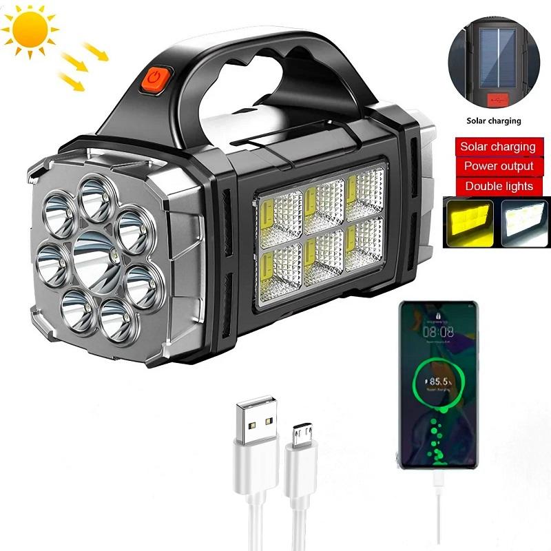 2024 Powerful LED Flashlight Solar+USB Rechargeable Lantren Ourdoor Portable Searchlight Torch Glare Waterproof Power Bank Light