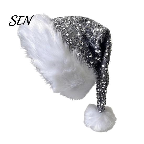 Santa Hat Christmas Sparkly for Women Men, Glitter Sequin with White Fluffy Trim Festive Costume Accessories Cosplay And Pom Pom, Holiday Party Bling