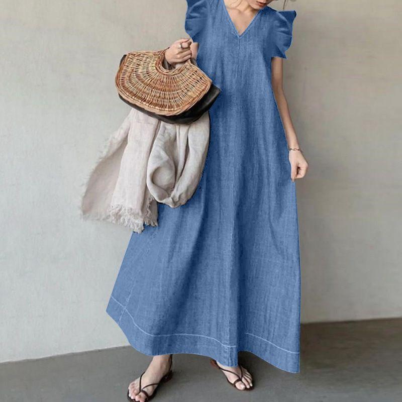 

Solid Color V-neck Short Sleeve Dress Women Solid Color and V-neck Short Sleeve Dress Sky Blue XXL
