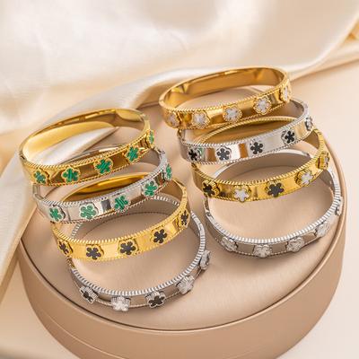 Luxury Waterproof Stainless Steel Five Leaf Flower Botanical Open Bangle Classic for Woman  Party Jewelry Gift Clover