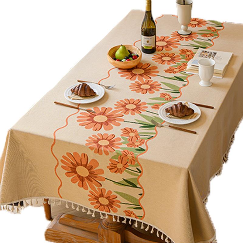 High-Grade High-Grade Table Cloth Cotton And Linen Fabric Yellow Chrysanthemum Pastoral French Embroidery High-Grade Tablecloth Cover
