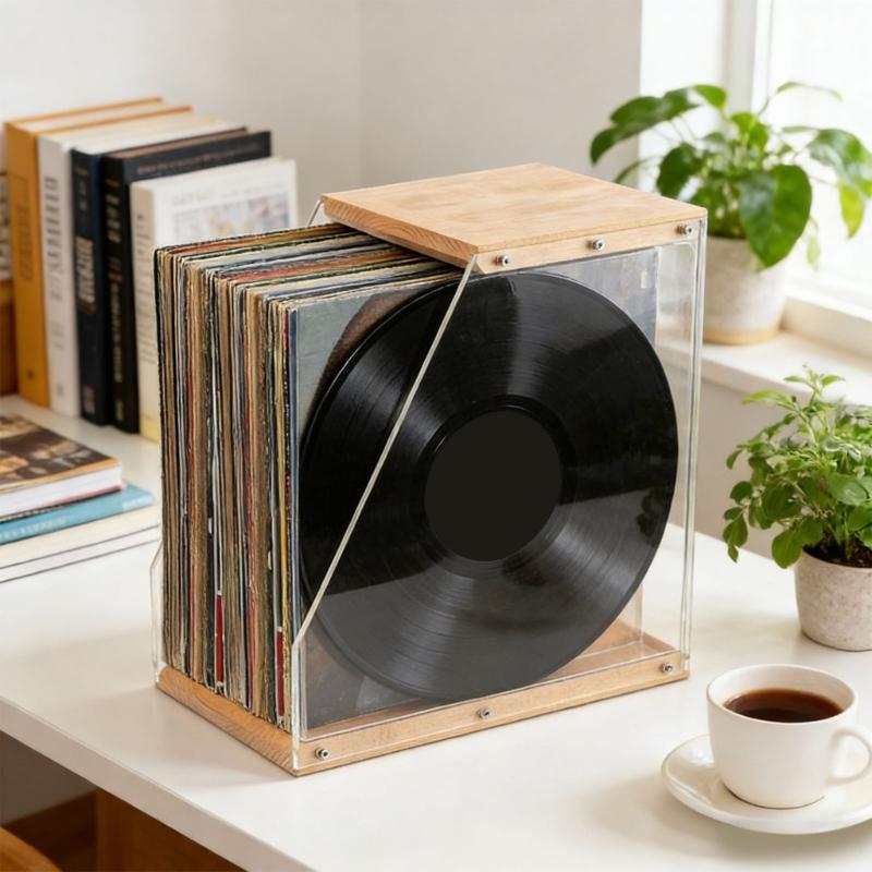 Multipurpose Vinyls Album Storage Case Wooden and Acrylic Record Magazines Display Rack Desktop Ornament