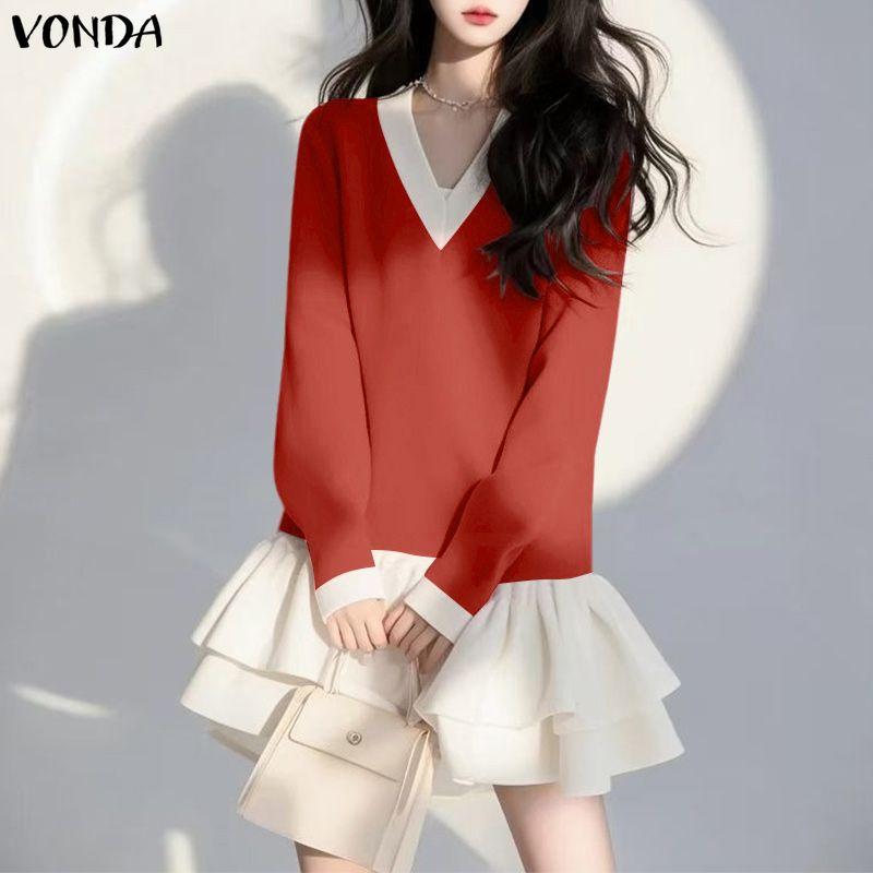 VONDA Women Casual V Neck Long Sleeve Patchwork Ruffled Dress