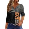 Women's Fashion Button-Up V-Neck Three-Quarter Sleeve Halloween Print Top